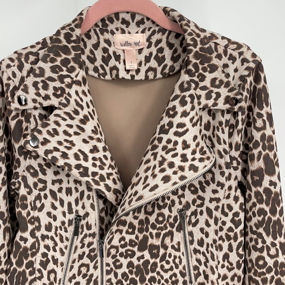 Willow Root Leopard Print Moto‎ Jacket Womens Size Small S Faux Suede Zip Front